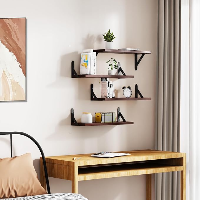 ROMGUAR CRAFT Wood Floating Shelves Set of 4, Rustic Storage Decor Wall Shelves, Wall Mounted Shelf for Living Room, Bedroom 17" x 6", Brown - Image 6