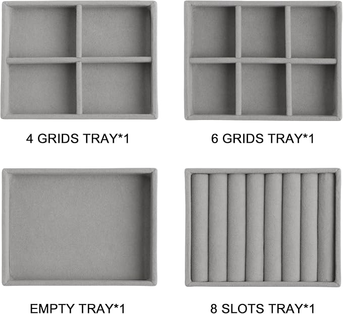 Frebeauty Small Jewelry Tray Set,Stackable Velvet Jewelry Organizer Tray,Mini Jewelry Drawer Organizer,Drawer Inserts,4.92 x 3.74 x 0.9 Inches,Earring Organizer for Women(Set 4,Grey) - Image 2
