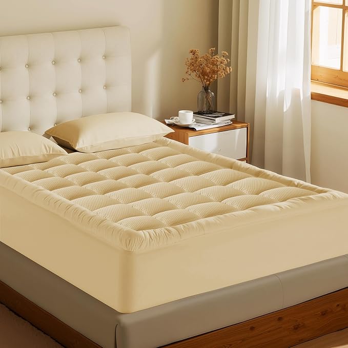 MATBEBY Full Size Mattress Pad - Cooling Breathable Mattress Topper, Quilted Fitted Mattress Protector, Pillow Top Mattress Cover with 8-21" Deep Pocket, Soft, Machine Washable, Beige, 54x75 Inches