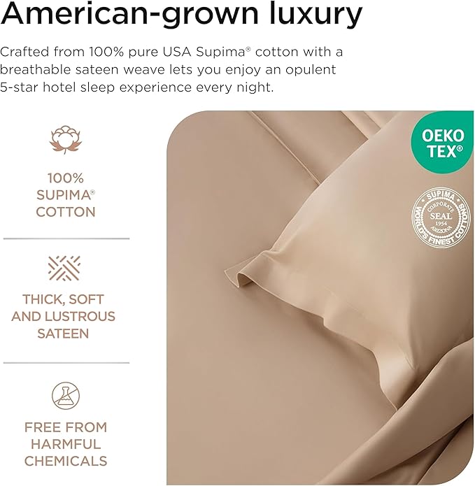 Threadmill Luxury Supima Cotton Sheets, Luxury 1000 Thread Count Soft 100% Cotton Sheets for Full Size Bed, 4 Pc Beige Bed Sheets Full Set, 5-Star Hotel Quality Elasticized Deep Pocket Bed Sheets Set