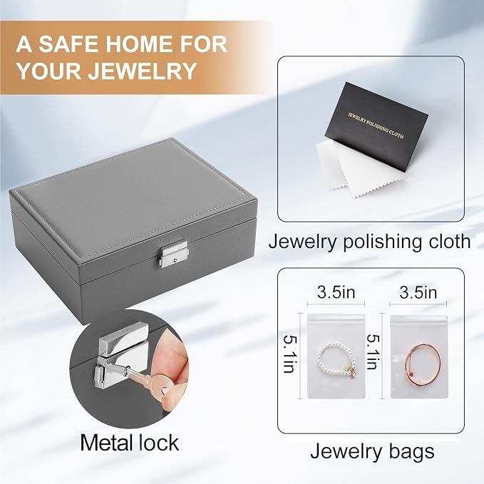 Jewelry Box for Women Girls 2 Layer Leather Travel Jewelry Organizer Storage Case with Lock and Removable Tray for Necklace Earrings Rings Bracelets Gift, Come with Polishing Cloth and Jewelry Bags - Image 5