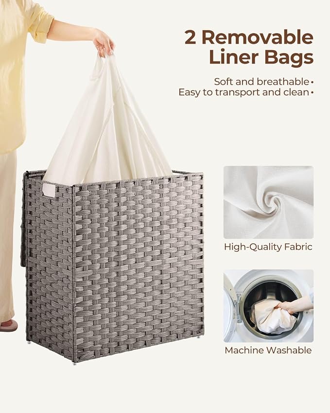 Greenstell Laundry Hamper with lid, No Install Needed, 110L Wicker Laundry Baskets Foldable 2 Removable Liner Bags, 2 Section Clothes Hamper Handwoven Rattan Laundry Basket with Handles, Gray - Image 3