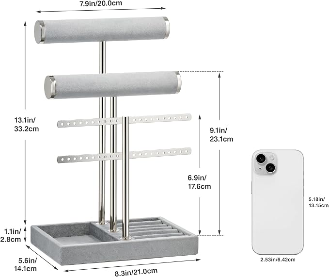 bussdis 3 Tier Bracelet Holder Display - Detachable T Bar Grey Velvet Bracelet Holder, Jewelry Holder Organizer for Bracelet, Necklace, Earrings, Rings - Image 7