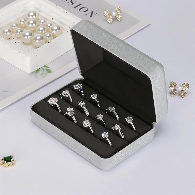 KUKUVR Velet Ring Storage Box for Multiple Rings, Travel Jewelry Stud Earrings Holder Case, 3 Slot Portable Ring Display Organizer Case (Silver) - Image 5