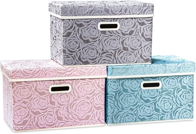 PRANDOM Collapsible Storage Cubes with Lids Fabric Decorative Storage Bins Boxes Organizer Containers Baskets with Cover Handles for Bedroom Closet Living Room 14.9x9.8x9.8 Inch 3 Pack by Prandom