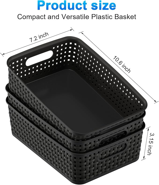 FUCDTEFC Black Plastic Basket, 8 Pack Home Organization and Storage Baskets with Handles, Space Saving Woven Organizer Bins Plastic Storage Basket for Organizing Cabinets,Closets, Shelves, Countertops - Image 3