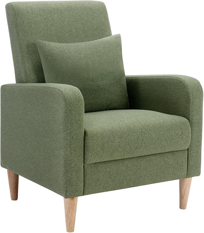 COLAMY Modern Upholstered Accent Chair Armchair with Pillow, Fabric Reading Living Room Side Chair,Single Sofa with Lounge Seat and Wood Legs, Green