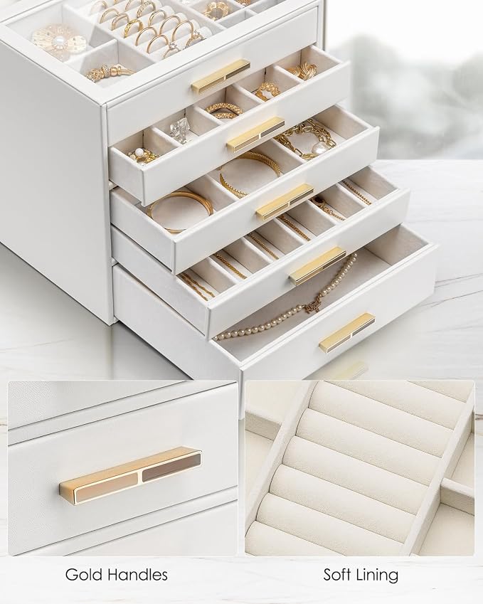 VLANDO 5 Layer Jewelry Box for Women, Glass Lid Jewelry Organizer with 5 Drawers for Necklaces Rings Earrings Bracelets - White - Image 6