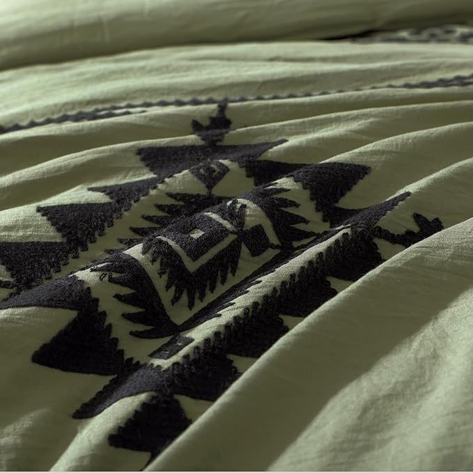MaiRêve Embroidery Comforter Sets Full Size, Light Olive Green Western Boho Bedding Set 7 Pieces, Farmhouse All Season Bed in A Bag Comforter Set with Sheets, Pillowcases & Shams