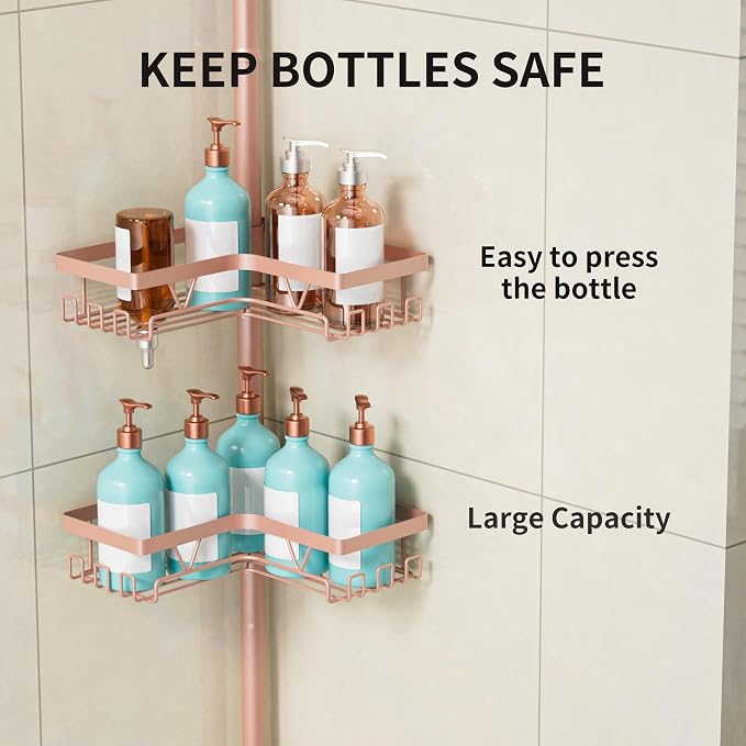 KEGII Corner Shower Caddy Tension Pole - 4-Tier Rustproof Bathroom Organizer, Floor to Ceiling Shower Caddy 25-114.2 inch, No Drilling Shower Storage Rack for Shampoo, Towels (Blush Nude) - Image 4