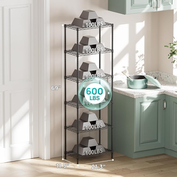 SINGAYE 6 Tier Adjustable Storage Shelf Wire Shelving Unit Metal Shelves Standing Closet Bathroom Organizers Pantry Kitchen Garage Laundry Room Organization Home Rack 12" D X 22" W X 69.5" H Black - Image 3