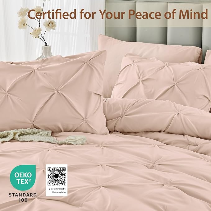 Sasttie California King Comforter Set, 7-Piece Bed in a Bag, Pintuck Bedding Sets for All Season, Includes Comforter, Flat Sheet, Fitted Sheet, Pillowcases and Pillowshams, Blush Pink