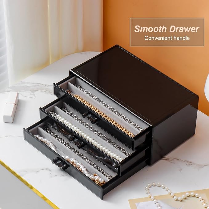 YUFONG Necklace Holder Organizer, Dustproof Necklace Box Velvet Necklace Organizer Box with Lid Clear Acrylic Dustproof Stackable Jewelry Displays for Necklaces Chain Display (Black Gray, 3 Drawer) - Image 3
