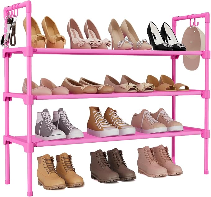 LANTEFUL 3 Tier Shoe Rack for Closet, Shoe Organizer with 5 Hooks, Long Shoe Shelf Storage for Shoe and Boot Stackable Free Standing Shoe Rack for Entryway, Garage, Small Spaces, Dorm, Pink by LANTEFULforTidyingHouse