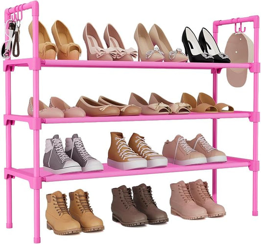 LANTEFUL 3 Tier Shoe Rack for Closet, Shoe Organizer with 5 Hooks, Long Shoe Shelf Storage for Shoe and Boot Stackable Free Standing Shoe Rack for Entryway, Garage, Small Spaces, Dorm, Pink by LANTEFULforTidyingHouse
