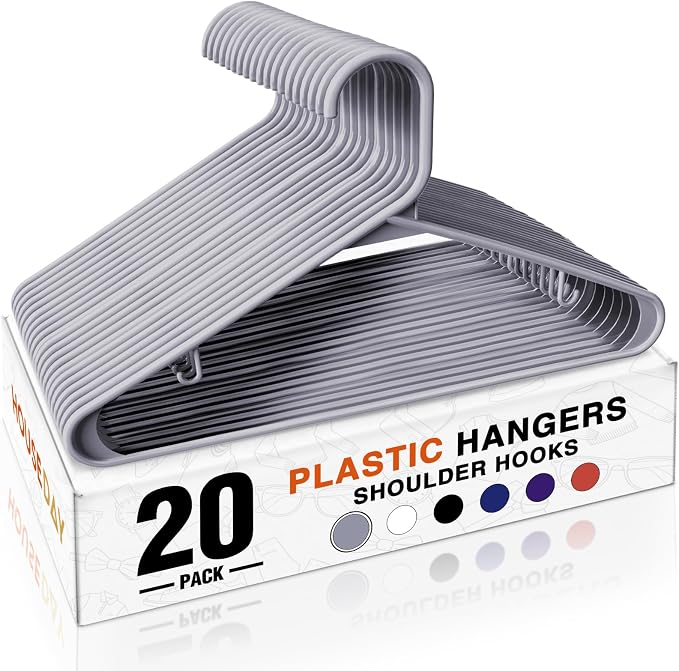 HOUSE DAY Plastic Hangers 20 Pack, Space Saving Clothes Hangers with Built-in Hooks, Durable & Strong Closet Organizers and Storage, Dorm Room Essential, Perfect for Shirts, Coat, Pants, Dress - Grey by HOUSEDAY