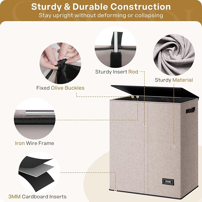 SOLEDI Large Double Laundry Hamper with Lid, Collapsible Clothes Hamper 2 section with Removable Bags, Space-Saving Laundry Basket for Bedroom, Dorm, College - Image 5
