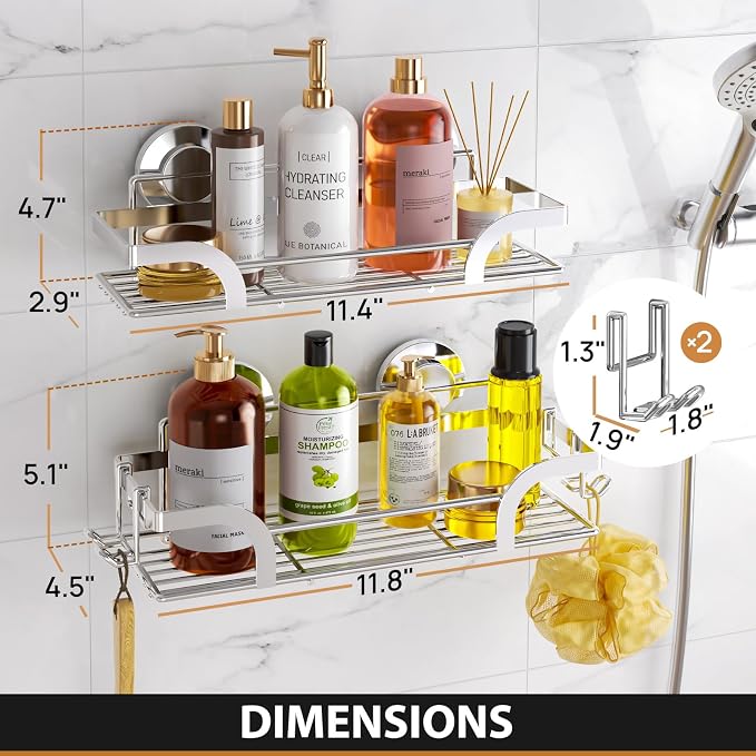 LEVERLOC 2 Pack Shower Caddy Suction Cup, Shower Shelves for Inside, Rustproof Metal Bathroom Storage NO-Drilling Bath Organizer with Large Capacity,Heavy Duty Storage Basket,Home Decor,Silver - Image 8