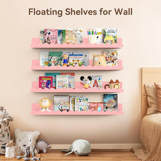Floating Shelves for Wall, 23 Inch Metal Nursery Book Shelves 4 Pack, Wall Mounted Book Shelf for Kids Room, Bedroom, Bathroom, Playroom Decor (Pink) - Image 5