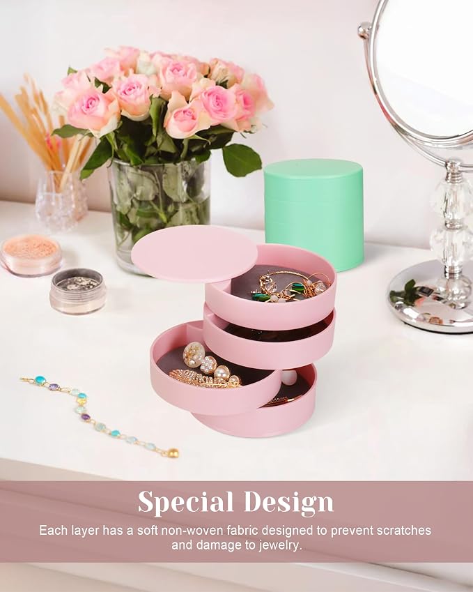 CONBOLA Jewelry Organizer, Small Jewelry Storage Box Earring Holder for Women, 4-Layer Rotating Travel Jewelry Tray Case with Lid for Bracelets Rings Bracelets, Gift for Women Teen Girls - Image 9