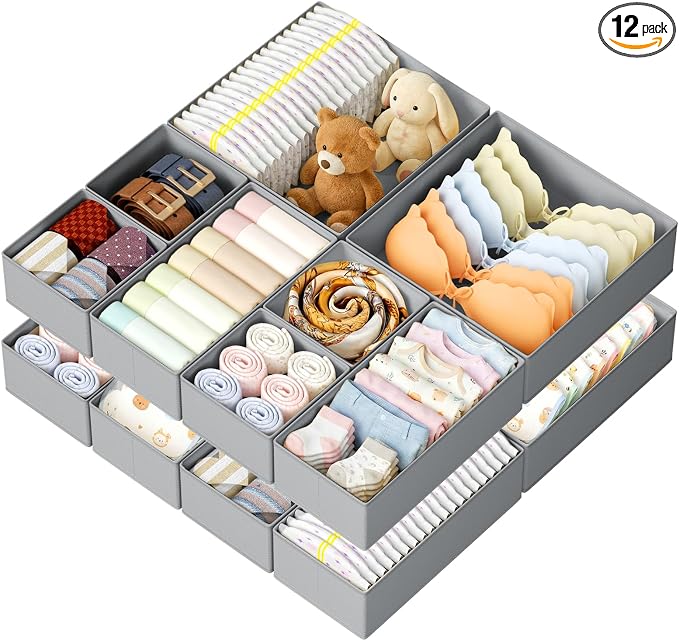 DIMJ Drawer Organizer Clothes, 12 Pack Dresser Organizer, Foldable Closet Organization and Storage Dividers, Fabric Dresser Drawer Organizers for Underwears, Nursery, Baby Clothes, Socks, Tie (Grey) by DiMJ