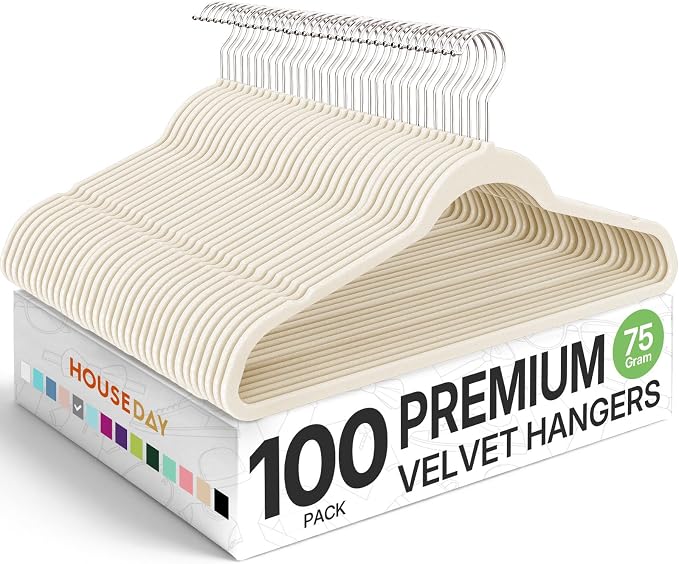 HOUSE DAY Premium Velvet Hangers 100 Pack Beige, Non-Slip Flocked Felt Hangers, Sturdy Clothes Hanger with 360° Rotatable Hook, Heavy Duty Durable Slim Coat Hanger for Closet Space Saving by HOUSEDAY