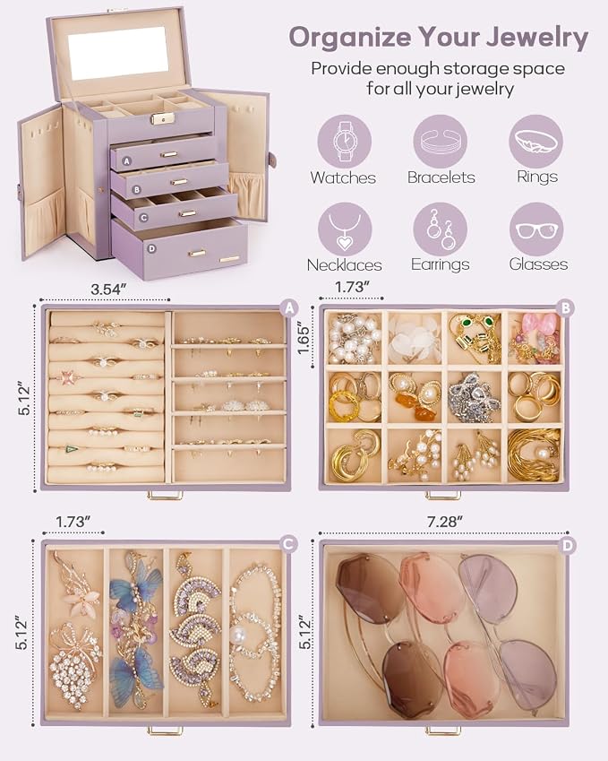 Homde Synthetic Leather Huge Jewelry Box Mirrored Watch Organizer Necklace Ring Earring Storage Lockable Gift Case (Grey Purple + Gold) - Image 3