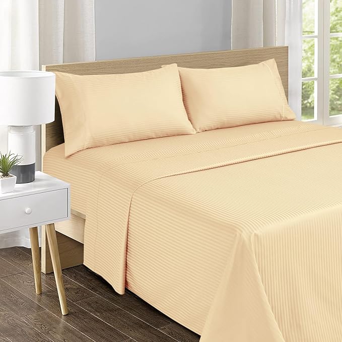 Feather & Stitch 500 TC Queen Size Damask Bed Sheet Set, 100% Cotton Soft Breathable Bedsheets, 4 Piece 18" Deep Pockets Sateen Weave Striped Bedding Mattress Resort Hotel Luxury - (Semolina Stripe)