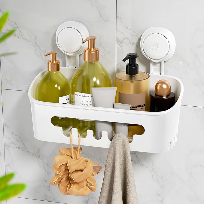 LEVERLOC Shower Caddy Suction Cup, Shower Organizer Removable Bathroom Shelf, Storage Suction Powerful Max Hold 22lbs Bathroom Caddy Waterproof Holder, White by LEVERLOC