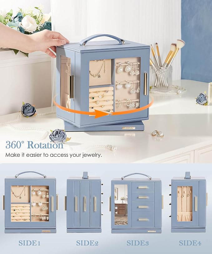 Homde Mothers Day Gifts Jewelry Box 360° Rotating, Necklace Earring Organizer with Transparent Window, Mirror, 7 Drawers, Large Ring Display Storage Case for Girls Women (Grey Blue) - Image 3