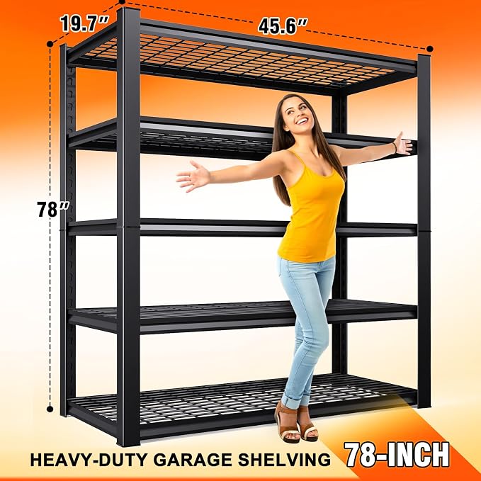 2Pack-78 ''H Storage Shelves, 46‘’W Garage Shelving, Adjustable Garage Shelves, 3000lbs Heavy Duty Shelving ,5 Tier Garage Storage Shelves,Easy-To-Install Metal Shelf Storage Rack Shelving Unit - Image 2