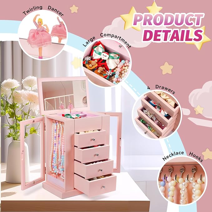 Emfogo Jewelry Box for Girls, Musical Jewelry Box with Spinning Dancer Gifts for Little Girls Christmas New Year Birthday Children's Day, 5 Layer Large Wooden Kids Music Jewelry Organizer Box(Pink) - Image 7
