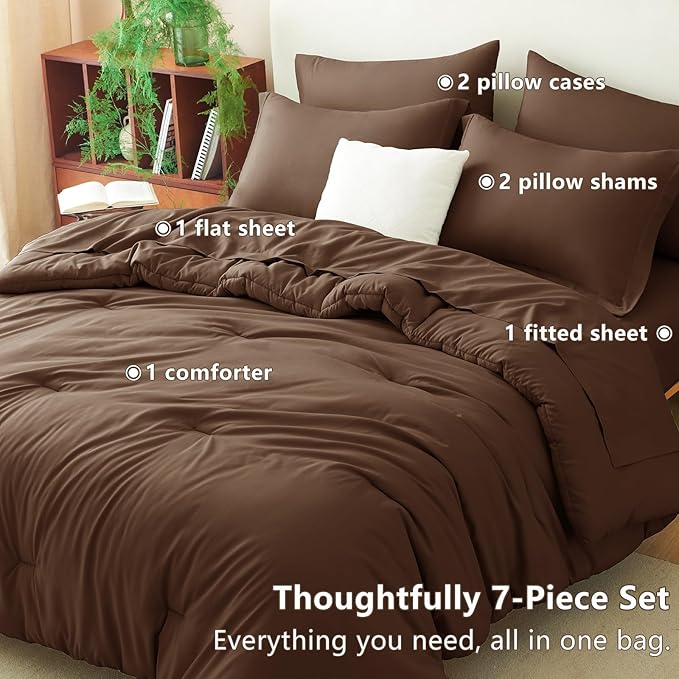 CozyLux Full Size Comforter Sets Brown, 7 Pieces Bed in a Bag Full Comforter Set with Sheets, Luxury Soft Bedding Set with Down Alternative Comforter, Fitted Sheet, Flat Sheet, Pillowcases & Shams