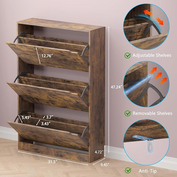 BORNOON Shoe Cabinet with 3 Flip Drawers, Hidden Wood Shoe Cabinet,Freestanding Shoe Storage Cabinet for Entryway Hallway - Image 2