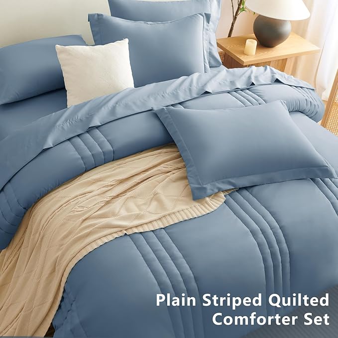 CozyLux King Comforter Set - 7 Pieces Bed in a Bag Grayish Blue Comforter Set with Sheets Luxury Bed Set All Seasons, Soft Bedding Set with Down Alternative Comforter, Sheets, Pillowcases & Shams