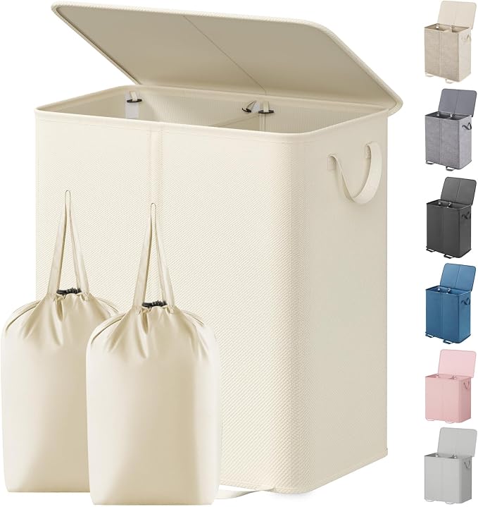 Lifewit Double Laundry Hamper with Lid and Removable Laundry Bags, Large Collapsible 2 Dividers Dirty Clothes Basket with Handles for Bedroom Laundry Room Closet Bathroom College, 155L Ivory White by Lifewit