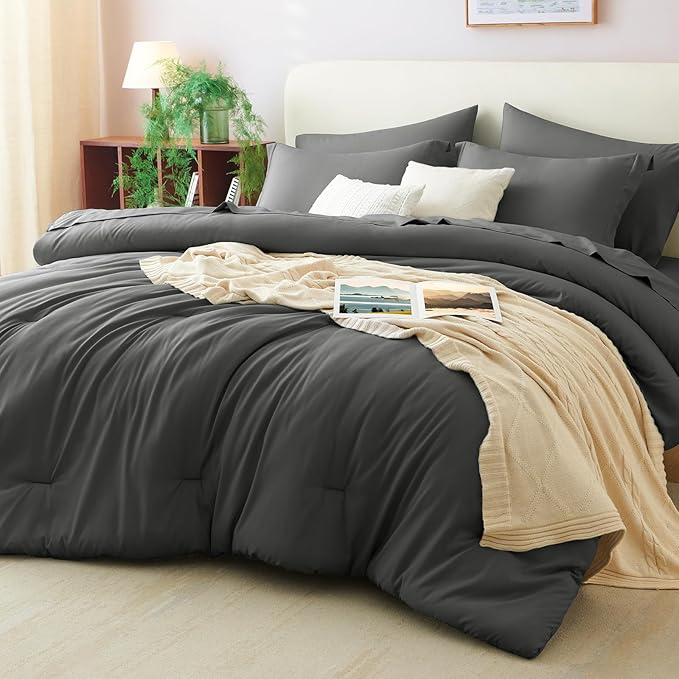 CozyLux Oversized Queen Comforter Set Dark Grey, 7 Pieces Bed in a Bag Comforter Set with Sheets, Dark Gray Luxury Soft Bedding Sets with Down Alternative Comforter, Sheets, Pillowcases & Shams