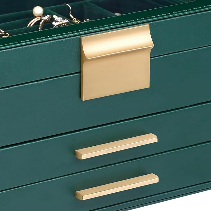 Somduy Jewelry Box Organizer for Women,3 Layers PU Leather Jewelry Storage Display Box with Glass Lid,Gift for people,3 Drawers,Large Capacity for Necklace Earrings Bracelets Rings, Dark Green - Image 6