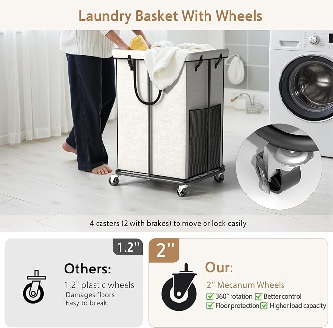 150L Large Laundry Basket with Wheels, Rolling Laundry Hamper with Removable Laundry Bag & Metal Frame, Oxford Fabric Dirty Clothes Hampers for Bedroom, Laundry Room, Bathroom, Dorm(White) - Image 3