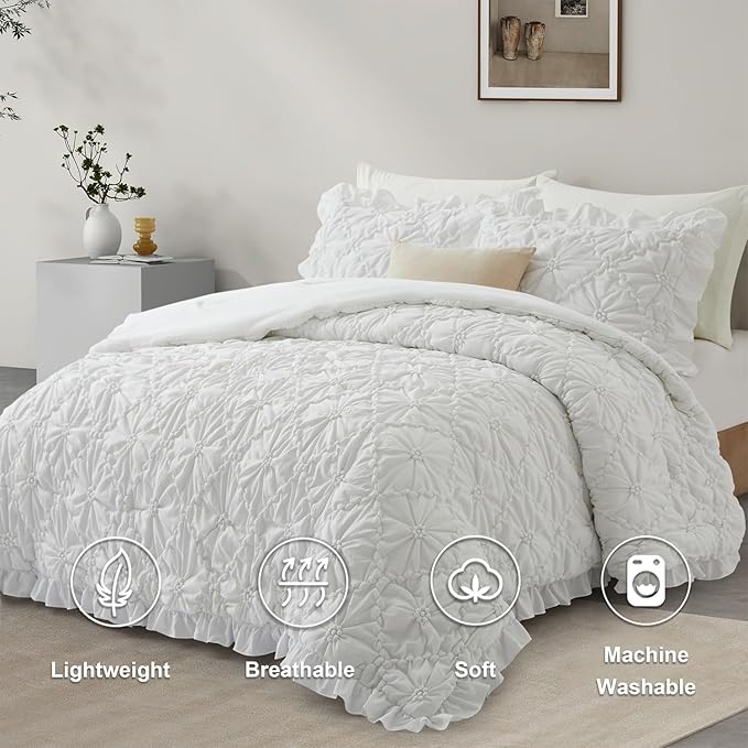 BEDAZZLED Queen Size Comforter Sets, White Bedding Comforter Set, 3 Pieces Pinch Pleat Bedding Sets with Comforter and Pillowcases Soft Farmhouse Shabby Chic Comforter for All Season