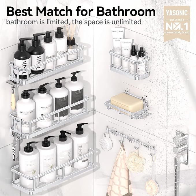 YASONIC Shower Caddy, 6 Pack Large Capacity Bath Organizer with Soap Holder and 12 Hooks, Rustproof bathroom Shelves for Inside Shower, No Drilling&Sleek Bathroom Organizers and Storage Silver - Image 2