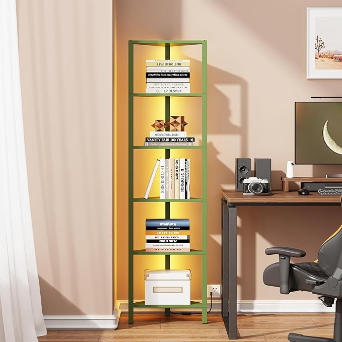 TUTOTAK Corner Shelf with LED Light, 6-Tier Corner Bookshelf for Small Space, Narrow Display Corner Shelf Stand with Storage Rack, for Living Room, Bedroom, Olive Green BS05BOG006L by ChoosetutotakFurnitureBuildYourCozyHome