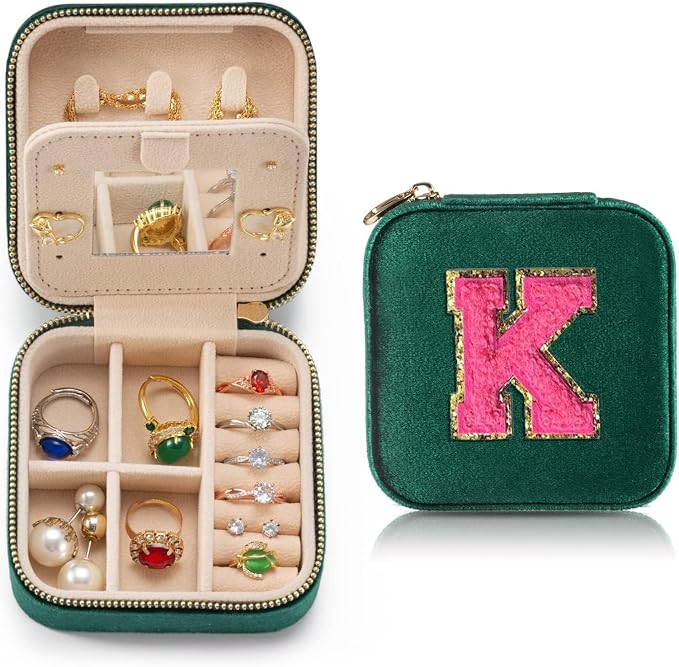 Personalized Velvet Travel Jewelry Case Box For Women Ring Necklace Earring Holder Organizer with Mirror Green Girls Box Birthday Gifts Mom Initial K by HKDSGF