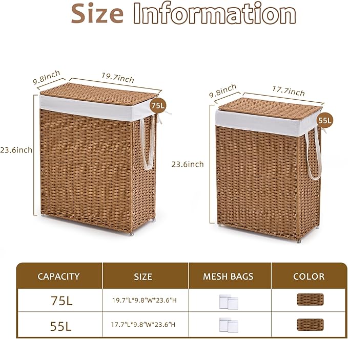 Slim Wicker Laundry Hamper with Lid, 75L Handwoven Rattan Basket with Handles, Narrow Laundry Basket with Removable Liner Bag & 2 Mesh Bags - Image 5