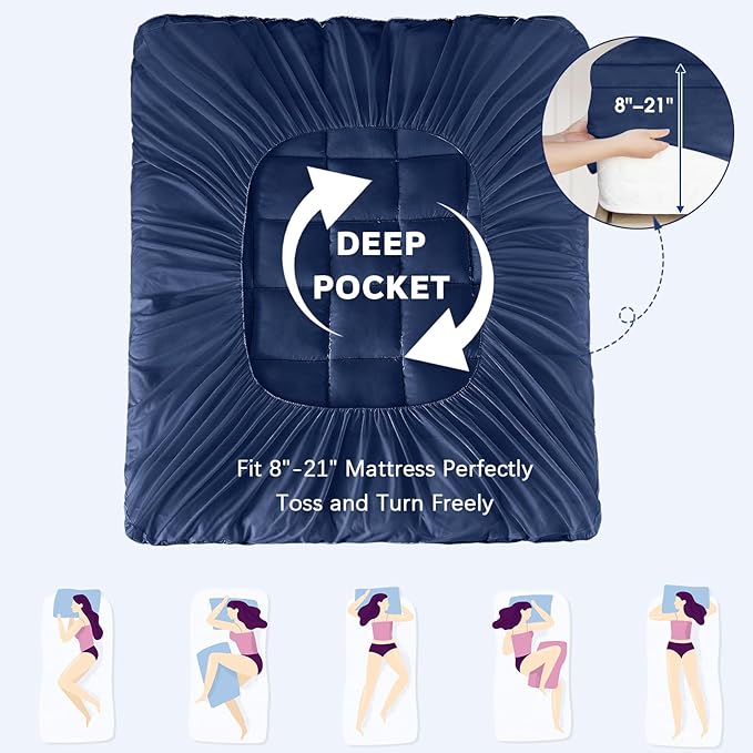 CYMULA Full XL Mattress Topper, Navy Blue Cooling Mattress Pad Cover, Extra Thick Pillow Top Mattress Topper with 8-21 Inch Elasticated Deep Pockets, Plush Down Alternative Fill Mattress Protector
