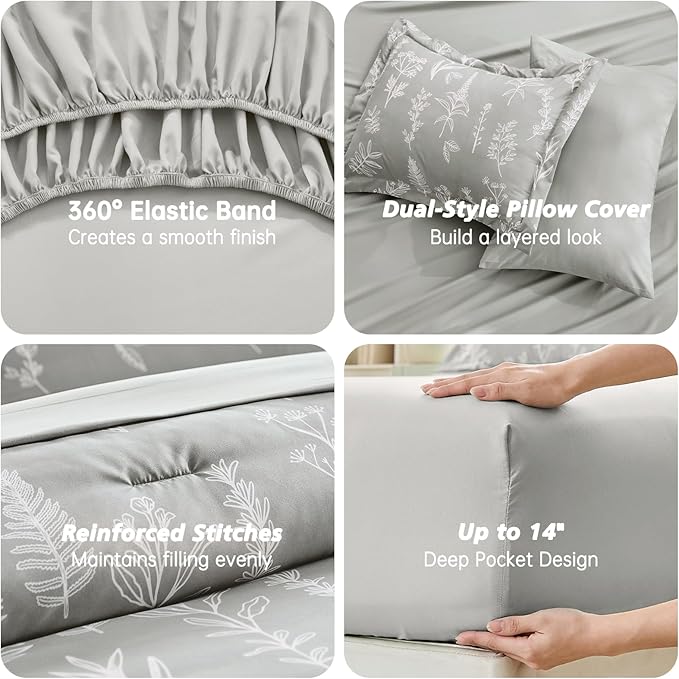 MUXHOMO Silver Grey Bed in a Bag Queen 7 Pieces, Queen Comforter Set Reversible Botanical Flowers Design, Ultra Soft & Breathable Bedding Sets with Comforter, Sheets, Pillowcases & Shams