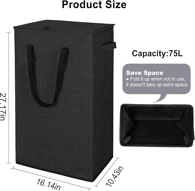 Odonata 75L Slim Laundry Hamper with Lid,Large Foldable Laundry Basket with Removable Bag and Handles Tall Collapsible Dirty Clothes Basket Great for Bedroom, Bathroom, Dorm, College,RV.(Black, 75L) - Image 2