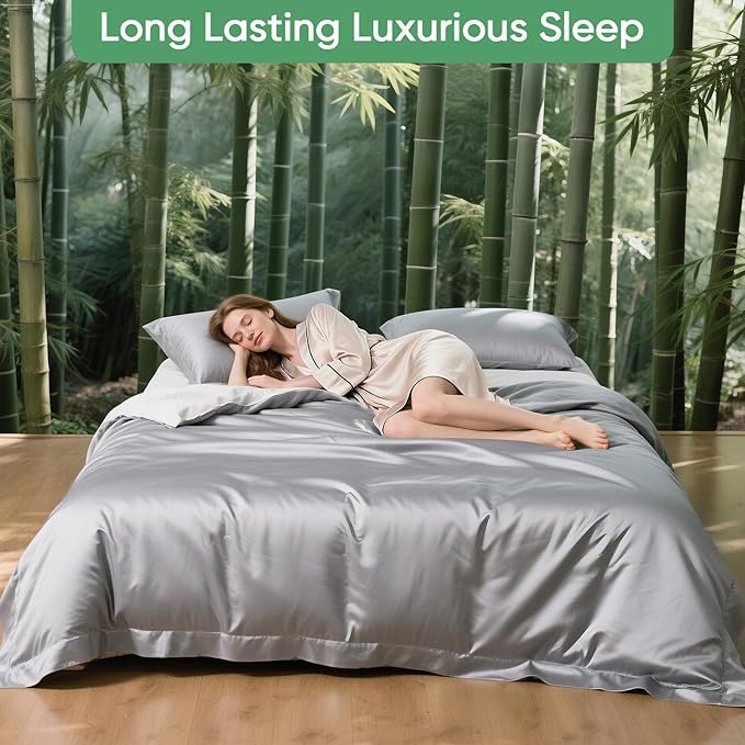 Luxury Organic Tencel & Viscose from Bamboo Cooling Sheet Set,Silky Soft Lyocell Sheets with Deep Pocket, Hypoallergenic & Breathable Bedding with Pillowcases (Gray, Queen)