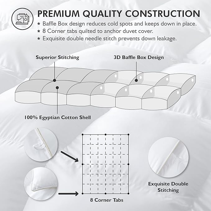 Luxurious Palatial King/Super King 120" x 98" Size Goose Down Fiber Waterfowl Feather Fiber Comforter Duvet, 100% Egyptian Cotton Cover, 80 oz. Fill Weight, Baffle Box Design, White Solid
