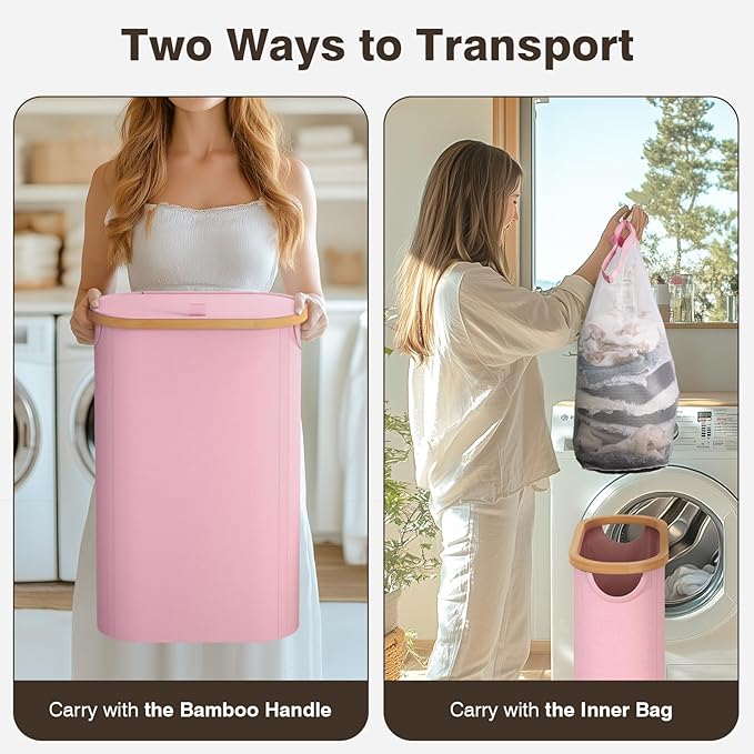 Slim Laundry Hamper with Lid, 60L Small Laundry Basket with Handles&Removable Bag, Thin Dirty Clothes Hampers for Laundry, Narrow Laundry Hampers for Bedroom Aesthetic, Pink - Image 3